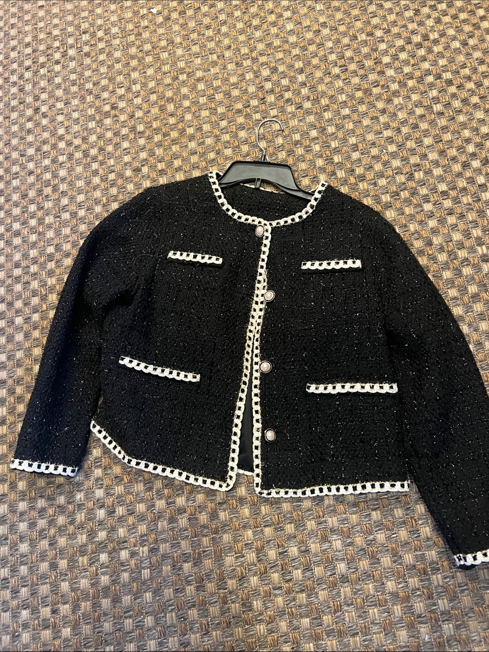 Black Bouclé Trim Button-Front Jacket large